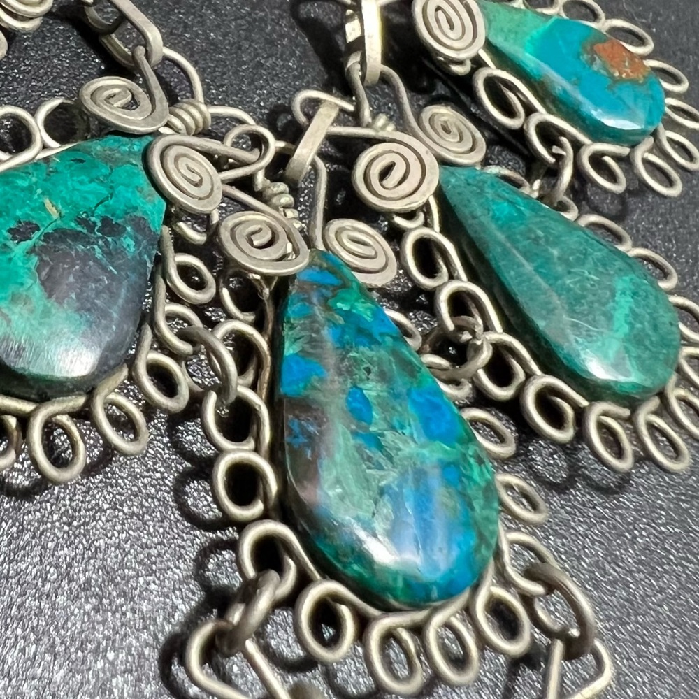 Vtg Sterling Silver Wire Scrolled Fringe Turquoise Drop Multi Pendant Necklace